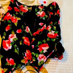Cute crop top black with red and pink flowered